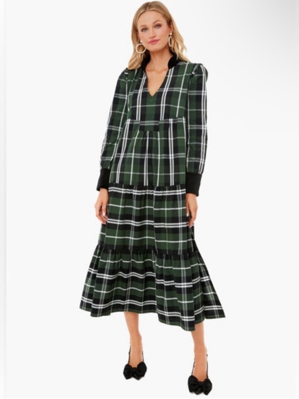 Tuckernuck Bristol Midi Dress Tartan Plaid Tiered Velvet Trim Tiered Holiday
